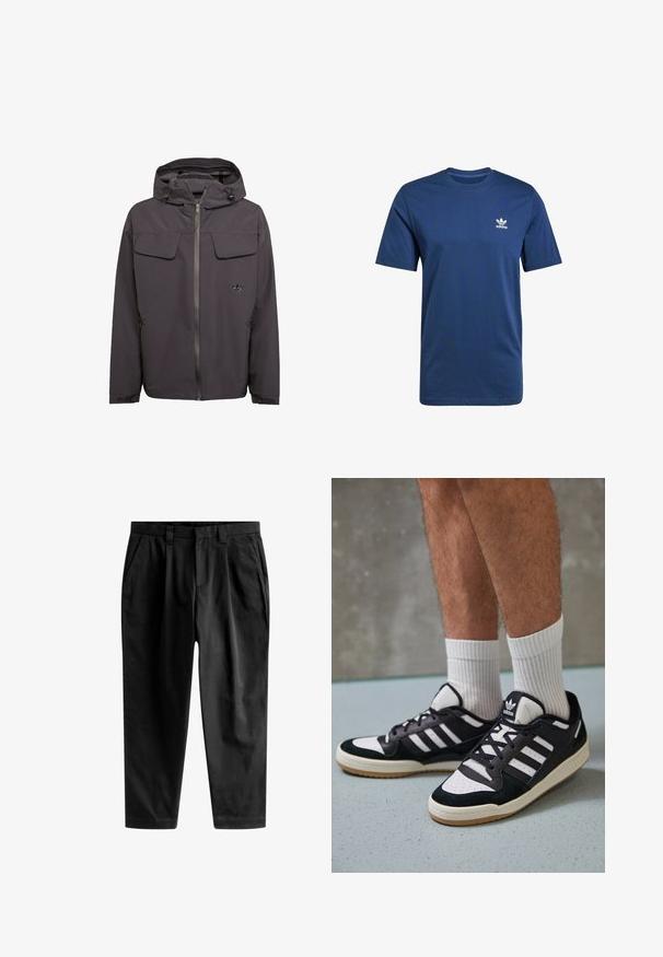 Grijze capuchonjack van een glad, waterafstotend materiaal. Heeft twee borstzakken, zijzakken met rits en een geborduurd logo.; Navyblauwe katoenen T-shirt met korte mouwen, ronde hals en wit Adidas-logo op de linkerborst. Glad textuur, klassieke pasvorm.; Zwarte broeken van soepel stof, met een getailleerde pasvorm, voorplooien en een klassieke tailleband met riemlussen.; Zwart-witte sneakers met een bovenwerk van suede en leer, voorzien van drie witte strepen, een geperforeerde neus en een rubberen gumzool.