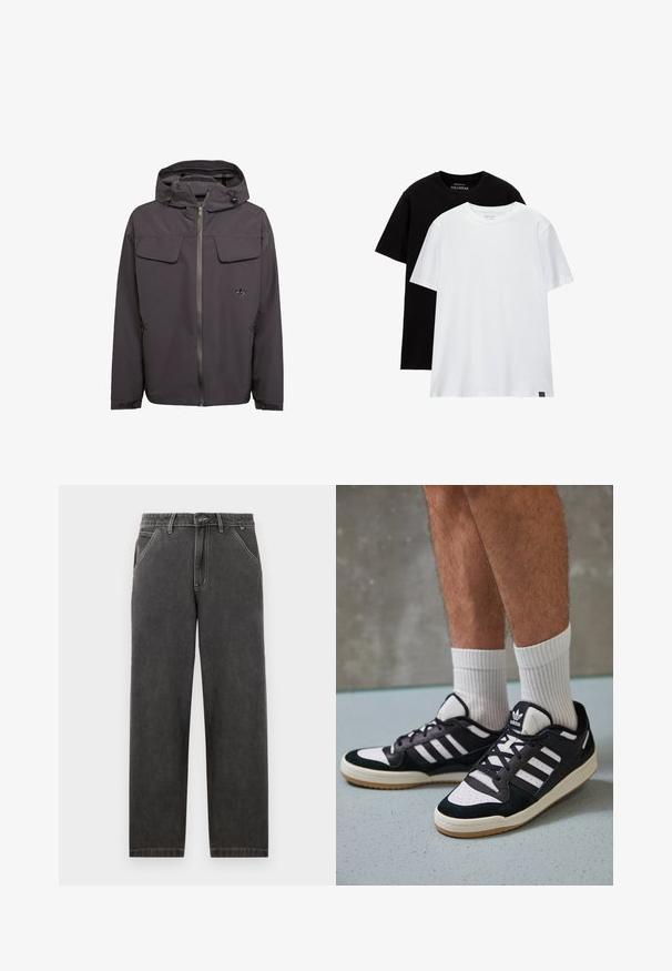 Szara, kapturowa kurtka wykonana z gładkiego, wodoodpornego materiału. Posiada dwie kieszenie na piersi, boczne kieszenie na zamek oraz wyszywane logo.; Dwie koszulki o regularnym kroju, jedna czarna, a druga biała, wykonane z bawełny. Obie mają okrągły dekolt i krótkie rękawy. Prosty design, bez wzorów.; Ciemnoszare dżinsy o prostym kroju, z kontrastującymi białymi szwami, zapięciem na guzik i kieszeniami bocznymi.; Czarno-białe sneakersy z zamszową i skórzaną cholewką, z trzema białymi paskami, perforowanym czubkiem i gumową podeszwą w kolorze gumy.