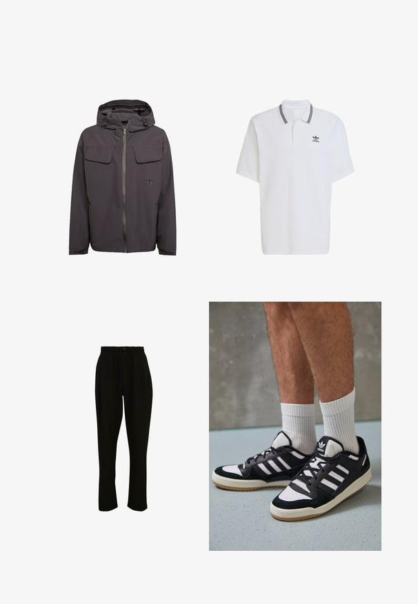 Gray hooded jacket in a smooth, water-resistant material. Features two chest pockets, side zipper pockets, and an embroidered logo.; White polo shirt made of cotton, featuring a ribbed collar with black stripes and a small black logo on the left chest. Short sleeves.; Black, ribbed trousers with an elastic waistband, featuring a drawstring and wide legs. The fabric is soft with a smooth texture.; Black and white sneakers with a suede and leather upper, featuring three white stripes, a perforated toe, and a gum rubber sole.
