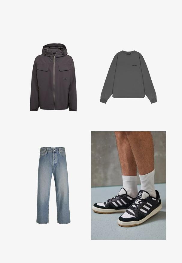 Sivá kapucňová bunda vyrobená z hladkého, vodeodolného materiálu. Obsahuje dve náprsné vrecká, bočné zipsové vrecká a vyšívané logo.; Sivý dlhý rukáv mikina vyrobená z mäkkej bavlny, s okrúhlym výstrihom, vo voľnom strihu a malým logom na prednej ľavej strane.; Svetloblasé džíny s voľným strihom, vysokým pásom a rovnými nohavicami. Majú predné vrecká a kovové zapínanie na gombík.; Čierno-biele tenisky s vrchom z semišu a kože, s troma bielymi pruhmi, perforovanou špičkou a gumovou podrážkou.