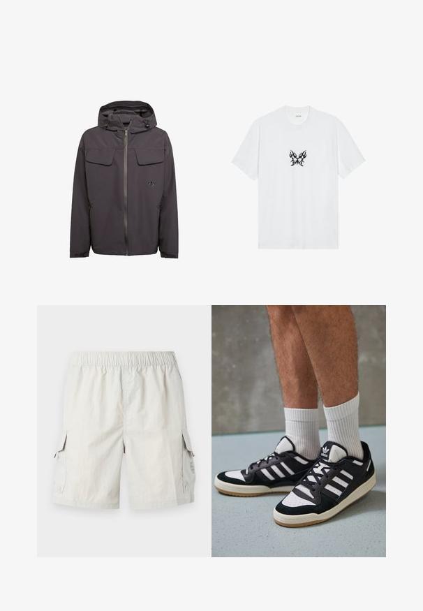 Veste à capuche grise en matériau lisse et résistant à l'eau. Comprend deux poches poitrine, des poches latérales zippées et un logo brodé.; T-shirt en coton blanc à manches courtes et col rond. Présente un graphique central de papillon avec un motif de flammes noires. Texture lisse.; Shorts cargo gris clair avec une taille élastique, comprenant deux poches latérales et un logo discret sur la poche gauche.; Baskets noir et blanc avec une tige en suède et cuir, comportant trois rayures blanches, un bout perforé et une semelle en caoutchouc gum.