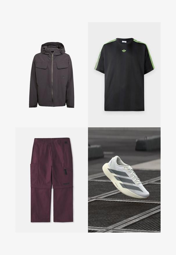 Harmaa huppari sileästä, vettä hylkivästä materiaalista. Siinä on kaksi rintataskua, sivuilla vetoketjutaskut ja embroidoitu logo.; Mustat T-paita, joka on valmistettu sileästä kankaasta ja jossa on pyöreä kaula-aukko. Paidassa on kolme vihreää raitaa olkapäissä ja pieni vihreä logo rinnassa.; Burgundin väriset cargo-mekon muunneltavat housut, joissa on sivun vetoketjullinen tasku ja Timberlandin logo oikeassa lahkeessa, pidennetty sisäsauma näkyvissä.; Valkoinen urheilukenkä, jossa on teksturoitu verkkokangas päällinen, harmaat raidat ja pehmustettu pohja. Kevyt muotoilu, joka sopii juoksuun.