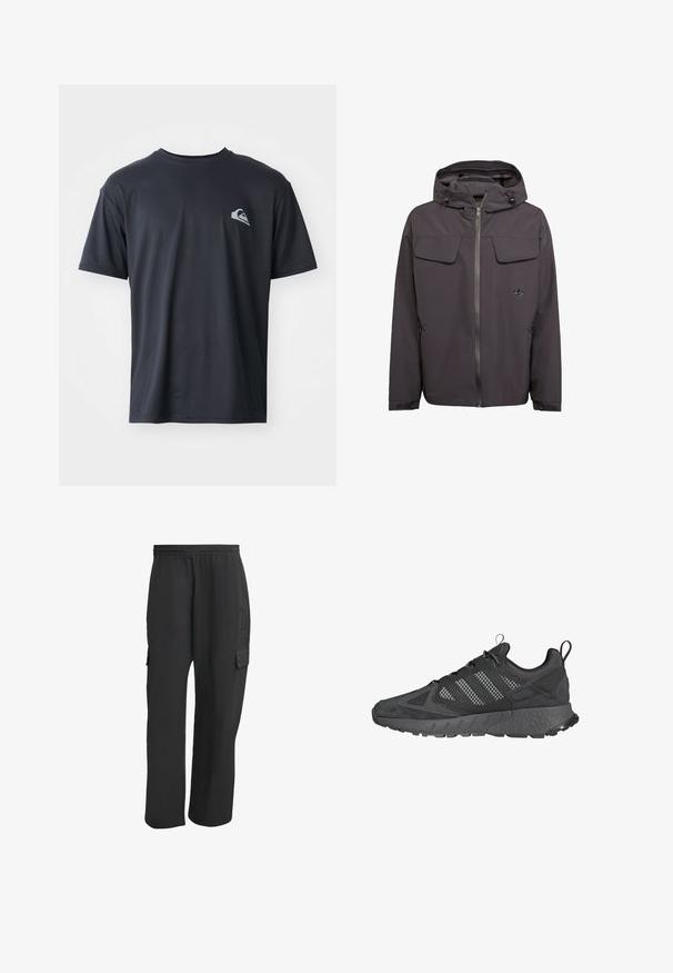 Šedá kapucová bunda z hladkého, voděodolného materiálu. Obsahuje dvě náprsní kapsy, boční kapsy na zip a vyšitý logo.; Černé tričko s krátkým rukávem vyrobené z hladkého materiálu, s malým bílým logem na levé části hrudníku. Klasický střih s kulatým výstřihem.; Černé cargo kalhoty s elastickým pasem, bočními kapsami, volným střihem a texturovanou tkaninou. Navrženo pro pohodlí a praktičnost.; Černé sportovní boty s vrchní částí z prodyšné síťoviny a semiše, texturovanou gumovou podrážkou, polstrovaným límcem a výrazným designem s třemi proužky ve šedé barvě.
