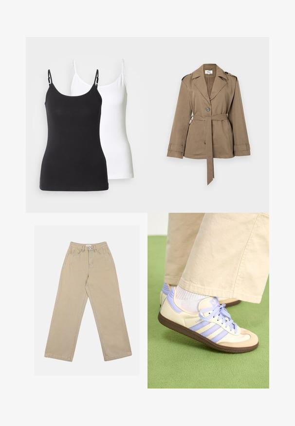 Chaqueta marrón con cinturón, cuello con muesca, cierre de botones y mangas largas. Está hecha de un material suave y ligero. Adecuada para superponer.; Camisetas de algodón en blanco y negro con tirantes delgados ajustables, que presentan un diseño ajustado y una textura suave.; Pantalones de mezclilla anchos en color beige, con una cintura alta, bolsillos frontales y costuras en contraste. El diseño incluye un cierre con botón.; Zapatillas de crema y lavanda con tres rayas y una suela marrón texturizada, que cuentan con cordones y un talón acolchado. Parte superior de tela suave.