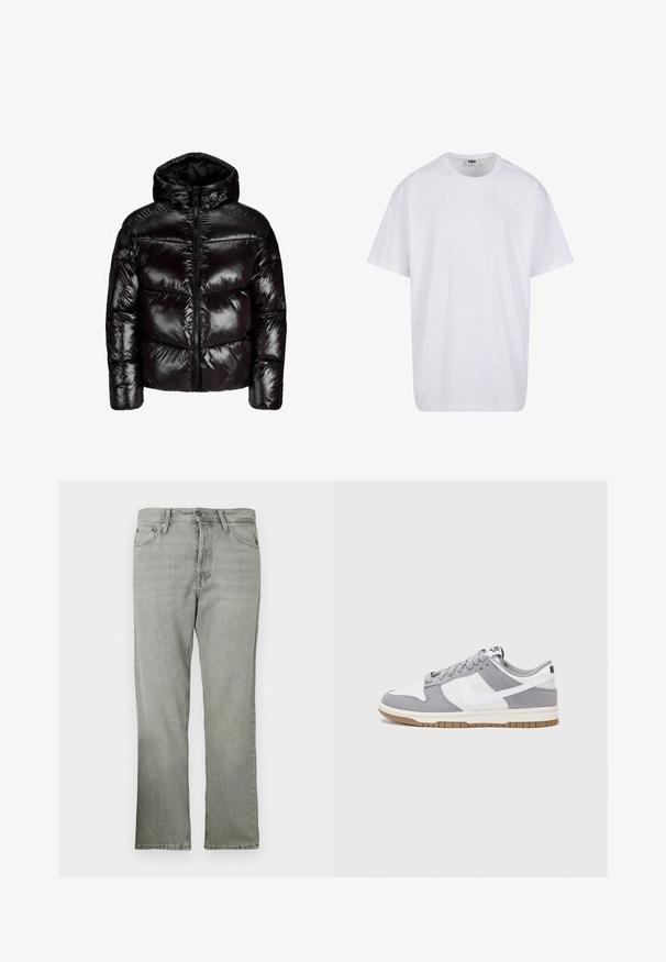 Lesklá černá péřová bunda s kapucí, předním zipem, horizontálním prošíváním a dlouhými rukávy na čistě bílém pozadí.; Bílé triko z bavlny s krátkým rukávem, kulatým výstřihem, volným střihem a bez viditelných log či vzorů. Hladká textura a minimalistický design.; Světlé šedé džíny s rovnýcm střihem, s pěti kapsami, předním zipem a jemně vybledlou texturou.; Šedé a bílé tenisky s svrškem z jemné kůže a kůže, kulatou špičkou, plochými tkaničkami a gumovou podrážkou s akcentem v barvě gumy.