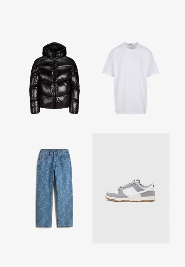 Lesklá černá péřová bunda s kapucí, předním zipem, horizontálním prošíváním a dlouhými rukávy na čistě bílém pozadí.; Bílé triko z bavlny s krátkým rukávem, kulatým výstřihem, volným střihem a bez viditelných log či vzorů. Hladká textura a minimalistický design.; Světle modré džíny z denimu s velkým vzorem plamene v kontrastní bílé barvě. Volný střih s pěti kapsami a zapínáním na knoflík.; Šedé a bílé tenisky s svrškem z jemné kůže a kůže, kulatou špičkou, plochými tkaničkami a gumovou podrážkou s akcentem v barvě gumy.