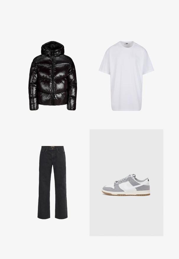 Mirdzoša melna kapuci pūkainā jaka ar priekšējo rāvējslēdzi, horizontāliem šuvēm un garām piedurknēm uz vienkārša baltā fona.; Balta kokvilnas T-kreklu ar īsām piedurknēm, apaļu kakla izgriezumu, brīvu piegriezumu un bez redzamām logo vai rakstiem. Gluda tekstūra un minimālistisks dizains.; Melnas džinsas platās kājas bikses ar pogu aizdari, piecām kabatām un nedaudz izbalējušu tekstūru. Taisna piegriezuma no jostas līdz apakšmalai.; Pelēki un balti sporta apavi ar zamšādas un ādas virsu, noapaļota purngala, plakaniem šņorēm un gumijas zoli ar gumijas akcentu.