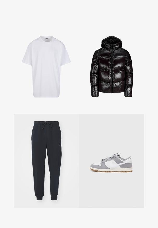 Snygg svart puffjacka med huva och framdragkedja, horisontell quiltning och långa ärmar mot en enkel vit bakgrund.; Vit bomull t-shirt med korta ärmar, rundad halsringning, avslappnad passform och utan synliga logotyper eller mönster. Slät textur och minimal design.; Svarta joggarbyxor av mjukt material, med elastisk midja samt snörning, ribbade muddarna och en liten logotyp på vänster lår.; Nike-sneakers har en grå mocka- och vit läderoverdel med perforeringar, runda snören och en sula i gummi för grepp.