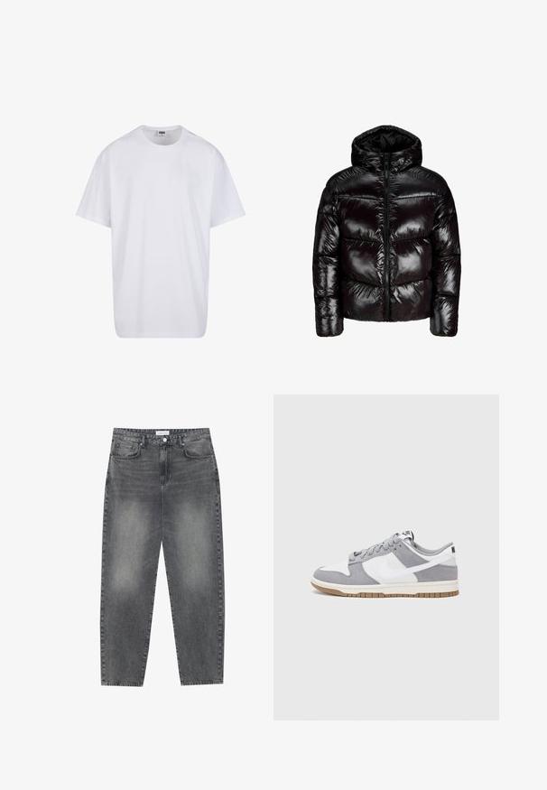 Skinnende sort hættejakke med foret, med frontlynlås, vandret quiltning og lange ærmer på en ensfarvet hvid baggrund.; Hvid bomulds t-shirt med korte ærmer, rund halsudskæring, afslappet pasform, og ingen synlige logoer eller mønstre. Glat tekstur og minimalistisk design.; Høj talje, løstsiddende jeans i falmet sort denim. Har fem lommer, bæltestropper og et rent, lige ben design.; Grå og hvid sneaker med en overdel i ruskind og læder, rund tå, flade snørebånd og en gummisål med en gummifarvet detalje.