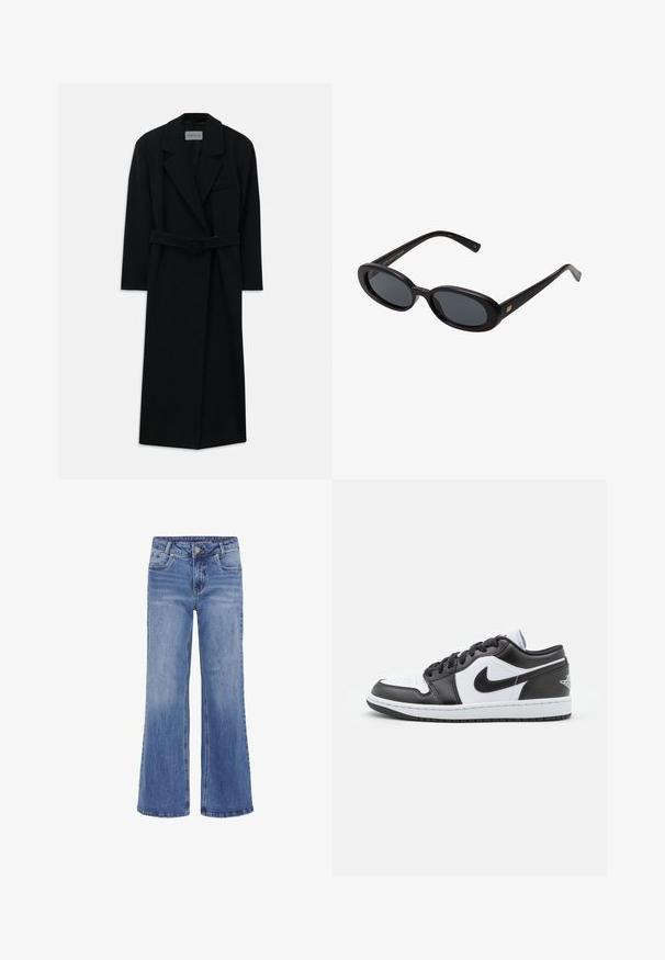 Črn plašč s pasom, velikimi klapnicami in dolgimi rokavi. Ima en žep na prsih in ravno silhueto. Gladka tekstura.; Krema barve turtleneck pulover iz mehkega pletenega materiala. Ima rebraste manšete in robove, sproščen kroj ter spuščena ramena.; My Essential Wardrobe LOUIS HIGH WIDE - Ravne kavbojke - medium blue wash; Črno-bele nizke Nike superge imajo gladek usnjen zgornji del, okroglo konico, vezalni sistem in vzorčasto gumijasto podplat.; Črne oversize sončne očala z ovalnimi lečami, gladkim plastičnim okvirjem in zlatenimi detajli na templjih. Temne leče zagotavljajo zaščito pred soncem.; Temno rjava torbica iz zamsa z nastavljivim trakom, zlatim kovinskimi dodatki in veliko sprednjo zaponko.