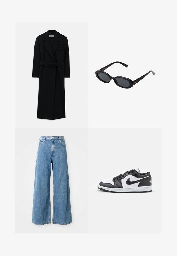 Černý kabát s páskem, širokými klopami a dlouhými rukávy. Obsahuje jednu kapsu na hrudi a má rovný siluetu. Hladká textura.; Krémový rolák vyrobený z jemné pleteniny. Má žebrované manžety a lem, volný střih a spadlé ramena.; Svetle modré jeansy s vysokým pasem, širokými nohavicemi, předním zapínáním na knoflík a zip a s předními kapsami na bílém pozadí.; Černobílé nízké tenisky Nike mají hladký kožený svršek, kulatou špičku, šněrování a vzorovanou gumovou podrážku.; Černé oversized sluneční brýle s oválnými čočkami, hladkým plastovým rámem a zlatými akcenty na spáncích. Tmavé čočky poskytují ochranu před sluncem.; Tmavě hnědá semišová kabelka přes rameno s nastavitelným popruhem, zlatým kováním a velkým předním klopovým zavíráním.