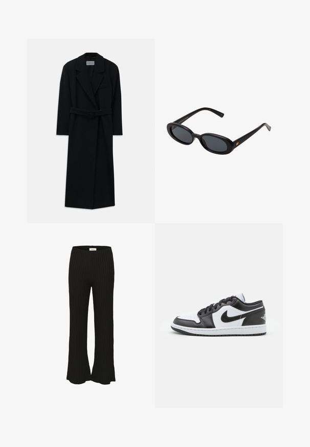 Musternööriga must rihmaga jakk, millel on suured kraed ja pikad varrukad. Selles on üks tasku rinnal ning sirge siluett. Sile tekstuur.; Kreemjast värvitoonis kõrge kaelusega sviiter, mis on valmistatud pehmest kudumisest. Omab ribakudu mansette ja alumist äärt, ning on lõdva lõikega ja langenud õlgadega.; Mustad ribilised püksid flare-hemiga, millel on kõrge vöökoht. Tekstuur näib olevat pehme ja elastne, sobib igapäevaseks kandmiseks.; Mustvalged mustade ja valgete Nike madala profiiliga teniseketsid, millel on sile nahast ülemine osa, ümar varvas, paeltega kinnitamine ja mustriline kummist välistald.; Mustad mustad prillid ovaalsete läätsedega, sujuvast plastmassraamist ja kuldsete aktsentidega tempel. Tumedaid läätsi, mis pakuvad päikese kaitset.; Tumepruun seemisnahast õlakott reguleeritava rihma, kuldsed plekid ja suur esiklapiga sulguri.