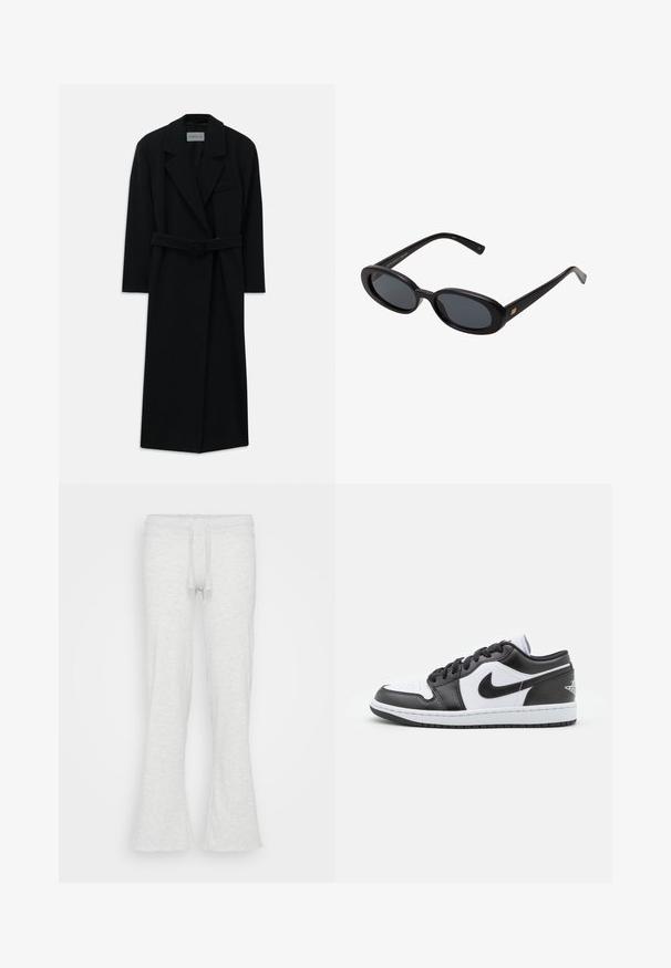 Čierny kabát s opaskom, veľkými klopami a dlhými rukávmi. Obsahuje jednu náprsné vrecko a má rovný strih. Hladká textúra.; Krémový rolák vyrobený z mäkkej pleteniny. Má rebrované manžety a lem, voľný strih a spadnuté ramená.; Svetlosivé rozšírené tepláky vyrobené z mäkkej tkaniny. Majú elastický pás s šnúrkou na stiahnutie. Hladký povrch, bez viditeľných vzorov.; Čierno-biele nízke tenisky Nike majú hladký kožený zvršok, okrúlu špičku, šnurovacie zapínanie a vzorovanú gumovú podrážku.; Čierne oversized slnečné okuliare s oválnymi šošovkami, hladkým plastovým rámom a zlatými akcentmi na straniciach. Tmavé šošovky poskytujú ochranu pred slnkom.; Hnedá tmavá semišová kabelka cez rameno s nastaviteľným popruhom, kovovými časťami v zlatom tóne a veľkým predným prekrytím na zapínanie.