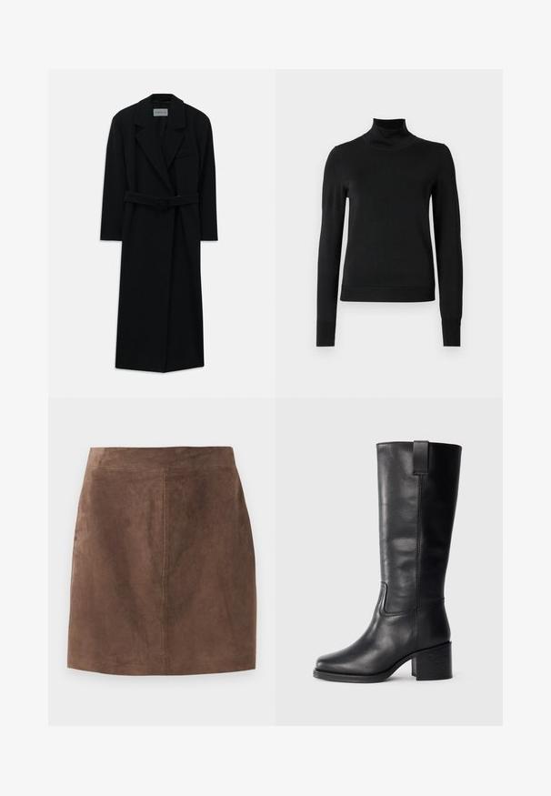 Zwarte jas met een brede ceintuur en grote revers. Heeft een enkele zak op de borst en een rechte snit. Glad textuur.; Zwarte trui met lange mouwen en col, voorzien van geribde manchetten en zoom, weergegeven op een effen witte achtergrond.; Bruine suède rok met een gladde textuur, A-lijnvorm en een eenvoudige tailleband. Naadafwerking loopt verticaal langs de achterkant.; Zwarte leren kniehoge laarzen met een gladde textuur, vierkante neus, blokhak en zijhandvat, met minimale stikseldetails.