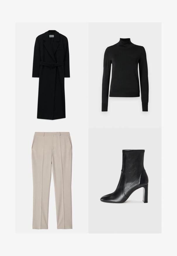 Abrigo negro con cinturón, grandes solapas y mangas largas. Cuenta con un bolsillo en el pecho y una silueta recta. Textura suave.; Suéter negro de manga larga con cuello de tortuga, con puños y dobladillo acanalados, exhibido sobre un fondo blanco liso.; Filippa K EMMA TROUSERS - Pantalones - desert tau; Botín de cuero negro hasta el tobillo con un diseño elegante, punta afilada y un alto tacón cuadrado. Presenta una textura lisa y un detalle de costura minimalista.