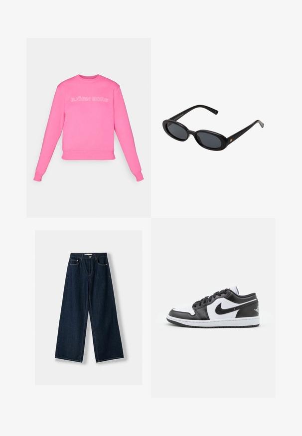Cappotto nero con cintura, ampi rever e maniche lunghe. Presenta una tasca singola sul petto e una silhouette dritta. Texture liscia.; Felpa rosa con maniche lunghe, polsini e fondo a costine, con la scritta bianca "BJÖRN BORG" sul petto. Tessuto morbido con una texture liscia.; Jeans larghi blu scuro in denim. Presentano cinque tasche, una chiusura con bottone e cerniera, e dettagli di cuciture a contrasto.; Le sneaker Nike a basso profilo in bianco e nero presentano una tomaia in pelle liscia, punta rotonda, chiusura con lacci e una suola in gomma con un motivo.; Occhiali da sole neri oversize con lenti ovali, montatura in plastica liscia e accenti dorati sulle tempie. Le lenti scure offrono protezione dal sole.; Borsa a tracolla in camoscio marrone scuro con tracolla regolabile, dettagli in metallo color oro e grande chiusura a patta frontale.