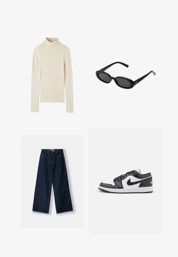 Cappotto nero con cintura, ampi rever e maniche lunghe. Presenta una tasca singola sul petto e una silhouette dritta. Texture liscia.; Maglione a collo alto color crema, texture a costine, maniche lunghe, design aderente, materiale morbido e collo alto. Nessun motivo o dettaglio aggiuntivo segnalato.; Jeans larghi blu scuro in denim. Presentano cinque tasche, una chiusura con bottone e cerniera, e dettagli di cuciture a contrasto.; Le sneaker Nike a basso profilo in bianco e nero presentano una tomaia in pelle liscia, punta rotonda, chiusura con lacci e una suola in gomma con un motivo.; Occhiali da sole neri oversize con lenti ovali, montatura in plastica liscia e accenti dorati sulle tempie. Le lenti scure offrono protezione dal sole.; Borsa a tracolla in camoscio marrone scuro con tracolla regolabile, dettagli in metallo color oro e grande chiusura a patta frontale.