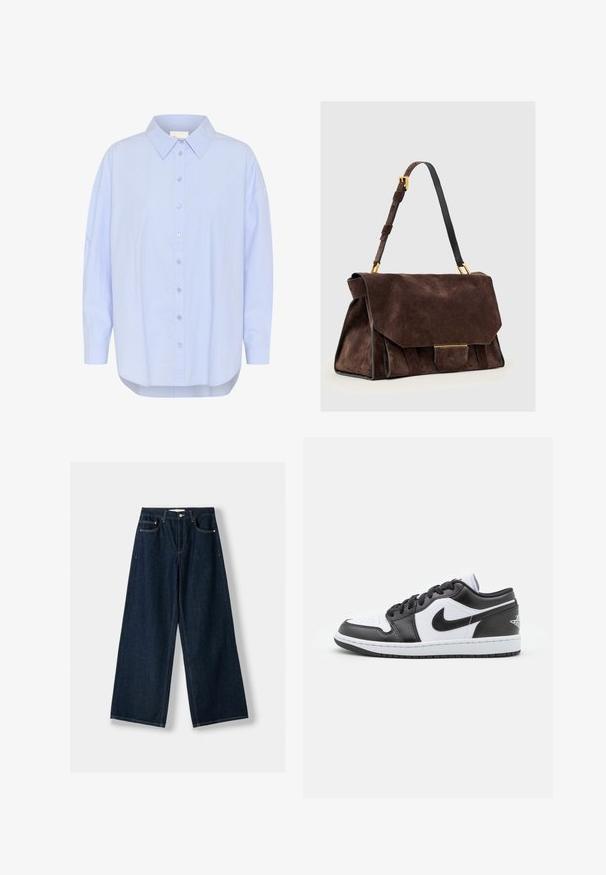 Svart kappa med bälte, stora slag och långa ärmar. Har en enkel ficka på bröstet och en rak silhuett. Slät textur.; Ljusblå knapp-up skjorta med spetsig krage, långa ärmar och en rundad nederkant. Slät textur med synliga knappdetaljer.; Mörkblå, vida jeans i denim. Har fem fickor, knapp- och dragkedjestängning samt kontrasterande sömmar.; Svarta och vita Nike låga sneakers har en slät läderöverdel, rund tå, snörning och en mönstrad gummisula.; Mörkbrun väska i mocka med justerbar axelrem, guldfärgade beslag och en stor klaff med stängning framtill.