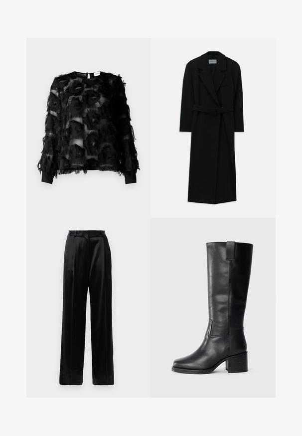 Fekete öves kabát nagy hajtókákkal és hosszú ujjakból. Egyetlen zsebbel rendelkezik a mellrészen és egyenes sziluettje van. Sima textúra.; Marella DEMIEN - Blúz - nero; Fekete magas derekú selyem nadrág, egyenes, széles lábakkal, övhurkokkal és lapos elülső záródással, sima fehér háttér előtt.; Fekete bőr, térd fölé érő csizmák sima textúrával, négyzetes orral, tömbsarkúval és oldalsó húzófüllel, minimális varrási részletekkel.