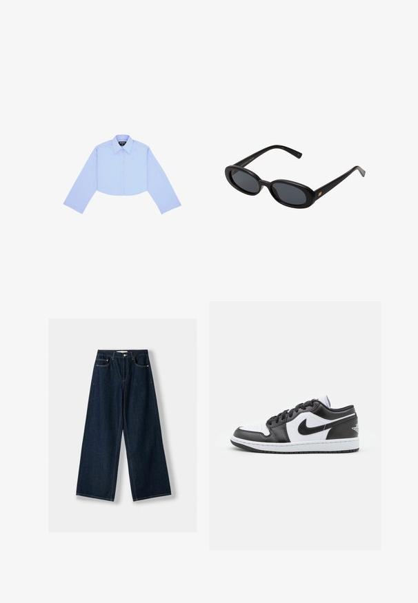 Černý kabát s páskem, širokými klopami a dlouhými rukávy. Obsahuje jednu kapsu na hrudi a má rovný siluetu. Hladká textura.; Zkrácená košile s dlouhým rukávem v světlě modré barvě, s klasickým límečkem, zapínáním na knoflíky vpředu a malým logem na levé části hrudi.; Tmavě modré široké džíny vyrobené z denimu. Mají pět kapes, zapínání na knoflík a zip a kontrastní šití.; Černobílé nízké tenisky Nike mají hladký kožený svršek, kulatou špičku, šněrování a vzorovanou gumovou podrážku.; Černé oversized sluneční brýle s oválnými čočkami, hladkým plastovým rámem a zlatými akcenty na spáncích. Tmavé čočky poskytují ochranu před sluncem.; Tmavě hnědá semišová kabelka přes rameno s nastavitelným popruhem, zlatým kováním a velkým předním klopovým zavíráním.