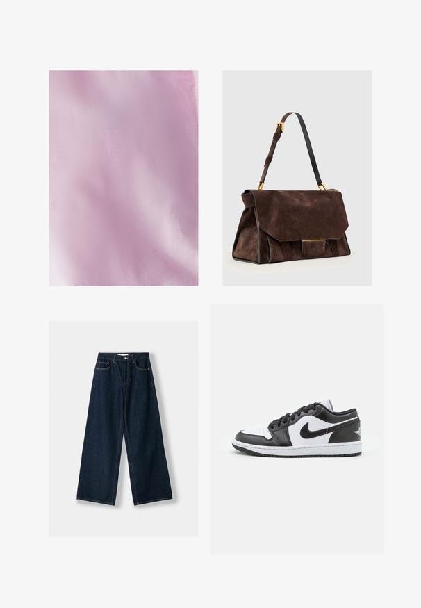 Black belted coat with large lapels and long sleeves. Features a single pocket on the chest and a straight silhouette. Smooth texture.; Light pink fabric with a smooth, slightly textured surface. The material is lightweight and uniform in color, with subtle shading variations.; Dark blue, wide-leg jeans made of denim. Features five pockets, a button and zipper closure, and contrast stitching details.; Black and white Nike low-top sneakers feature a smooth leather upper, round toe, lace-up closure, and a patterned rubber outsole.; Dark brown suede shoulder bag with adjustable strap, gold-tone hardware, and a large front flap closure.