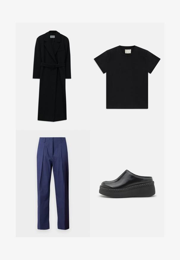 Černý kabát s páskem, širokými klopami a dlouhými rukávy. Obsahuje jednu kapsu na hrudi a má rovný siluetu. Hladká textura.; Černé tričko s krátkým rukávem a kulatým výstřihem s bílou cedulkou uvnitř límce s nápisem "D.R.C. EST. 2002" na bílém pozadí.; Námořnické modré kalhoty z lehkého materiálu, se rovnou siluetou, předními sklady a hladkou texturou.; Černé lesklé platformové dřeváky se zaoblenou špičkou, zakřiveným svrškem a kontrastním bílým stehem podél okraje podrážky.