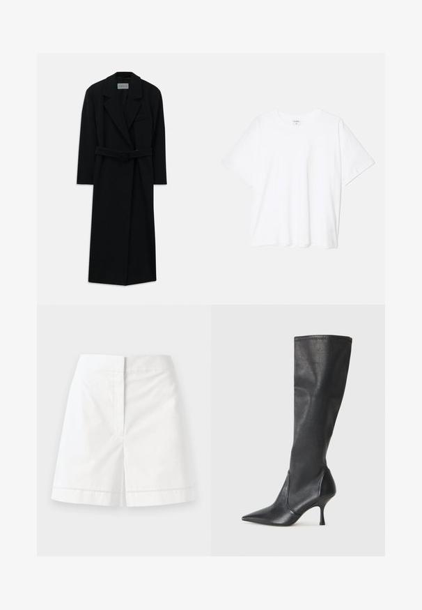 Černý kabát s páskem, širokými klopami a dlouhými rukávy. Obsahuje jednu kapsu na hrudi a má rovný siluetu. Hladká textura.; Bílý bavlněný tričko s krátkým rukávem, kulatým výstřihem, volným střihem a šitým lemem. Nálepka viditelná na vnitřní straně výstřihu.; Bílé bavlněné šortky s rovný́m střihem, s hladkou texturou, zadními kapsami a dekorativním švem podél lemu.; Černé kožené vysoké boty do kolen s špičatou špičkou a štíhlým jehlovým podpatkem. Hladká textura s přiléhavým střihem a přešitím na horním okraji.