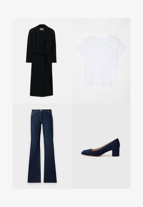 Svart kappa med bälte, stora slag och långa ärmar. Har en enkel ficka på bröstet och en rak silhuett. Slät textur.; FRAME BABY TEE - T-shirt - bas - white; Mörkblå utsvängda jeans i denim, med fem fickor, bälteshällor och kontrasterande gula sömmar längs sömmarna.; Mörkblå mockapumps med spetsig tå och medelhög blockklack. Slät textur med en subtil glans och en liten utskärning framtill.