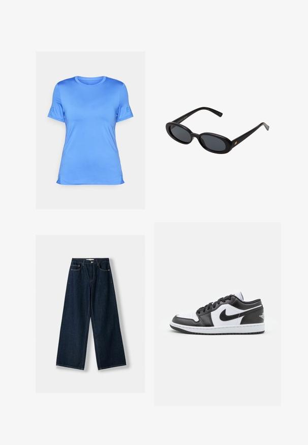 Černý kabát s páskem, širokými klopami a dlouhými rukávy. Obsahuje jednu kapsu na hrudi a má rovný siluetu. Hladká textura.; Modrá krátká tričko s krátkým rukávem vyrobené z hladké tkaniny, se zaobleným výstřihem, bočními rozparky a logem na levém rukávu.; Tmavě modré široké džíny vyrobené z denimu. Mají pět kapes, zapínání na knoflík a zip a kontrastní šití.; Černobílé nízké tenisky Nike mají hladký kožený svršek, kulatou špičku, šněrování a vzorovanou gumovou podrážku.; Černé oversized sluneční brýle s oválnými čočkami, hladkým plastovým rámem a zlatými akcenty na spáncích. Tmavé čočky poskytují ochranu před sluncem.; Tmavě hnědá semišová kabelka přes rameno s nastavitelným popruhem, zlatým kováním a velkým předním klopovým zavíráním.