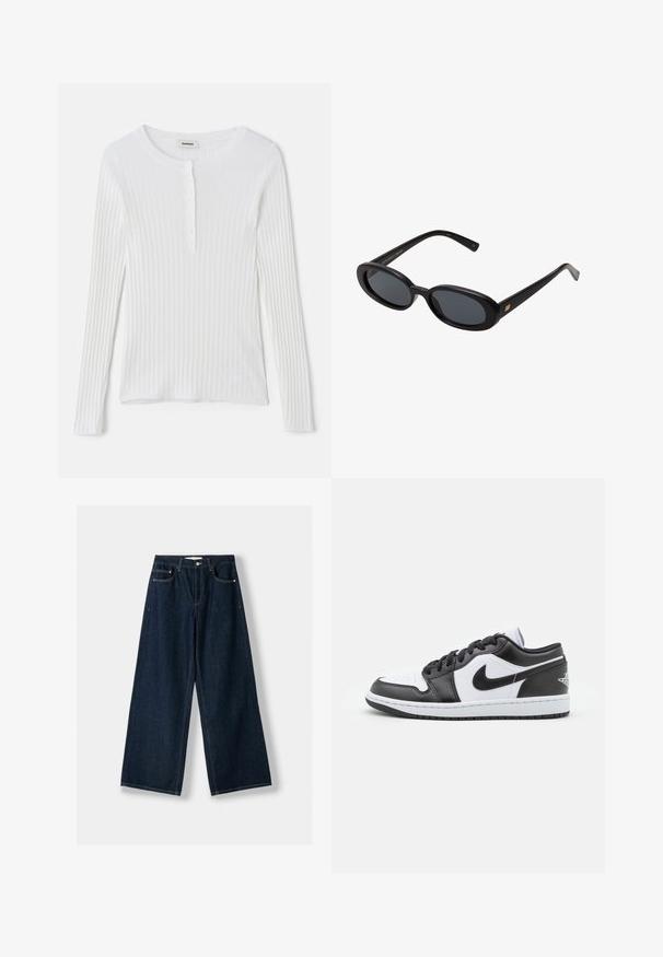 Czarny płaszcz z szerokimi klapami i długimi rękawami. Posiada jedną kieszeń na piersi i prosty krój. Gładka faktura.; Biała, długosłodowa, prążkowana bluzka z okrągłym dekoltem i rzędem małych guzików z przodu. Gładka tekstura z dopasowanym krojem.; Granatowe, szerokie dżinsy wykonane z denimu. Posiadają pięć kieszeni, zapięcie na guzik i zamek błyskawiczny oraz detale w kontrastowym stichu.; Czarno-białe niskie sneakersy Nike mają górną część wykonaną z gładkiej skóry, okrągły czubek, związane zapięcie oraz wzorzystą gumową podeszwę.; Czarne, oversize okulary przeciwsłoneczne z owalnymi soczewkami, gładkim plastikowym mostkiem i złotymi akcentami na zausznikach. Ciemne soczewki zapewniają ochronę przed słońcem.; Ciemnobrązowa zamszowa torba na ramię z regulowanym paskiem, złotym metalowym okuciem oraz dużą przednią klapą zamykającą.