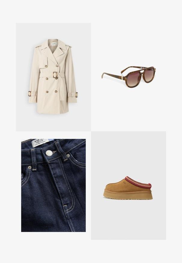 Beige-Trenchcoat mit doppelt geknöpftem Verschluss, tailliertem Gürtel, Schulterepauletten und Manschettenriemen. Glatte Stoffoberfläche.; Dunkelbrauner Pullover mit hohem Kragen, gerippten Bündchen und verkürztem Saum. Weiches Material mit einem lässigen Schnitt und subtilen Schulternähten.; Next WIDE - Wide Leg - rinse; Braune Wildleder-Slipper mit rot-creamfarbenem gemusterten Besatz, strukturiertem Absatz und UGG-Logo an der Seite. Verfügt über eine leichte Plattformhöhe.; Schildpatt-Sonnenbrille mit verlaufenden Gläsern, winkeliger Form und goldenen Akzenten an den Bügeln, die eine elegante, glänzende Oberfläche aufweist.; Braune Ledertasche mit zwei flachen Griffen, rechteckiger Form, glatter Textur und eingeprägtem Logo auf der Vorderseite.