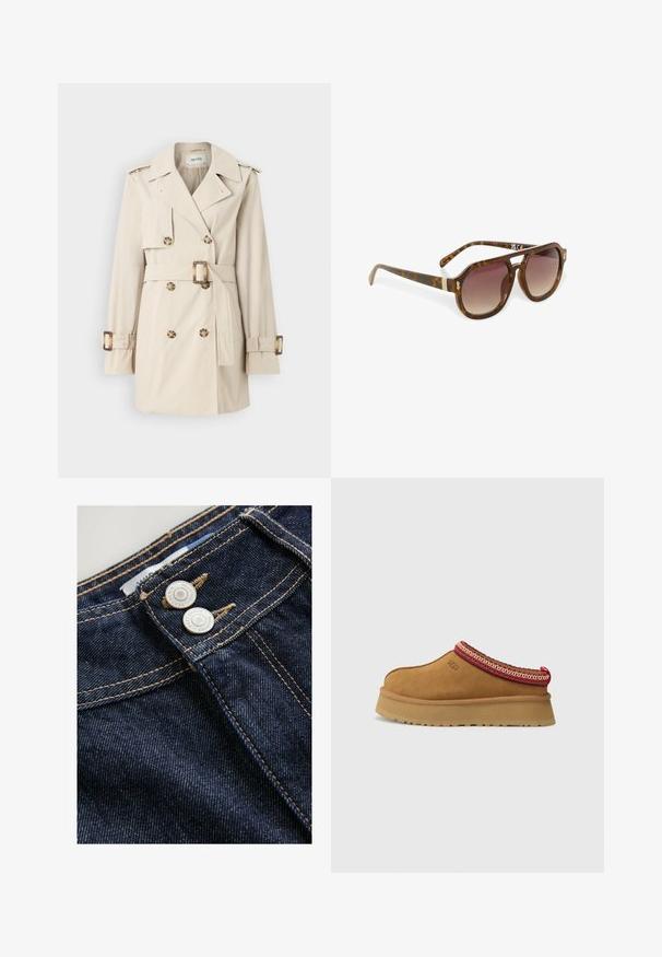 Beige trenchcoat met dubbele rij knopen, ceintuur in de taille, schouderepauletten en manchetbandjes. Gladde stoftextuur.; Donkerbruine trui met een hoge hals, geribbelde boorden en een cropped zoom. Zachte textuur met een ontspannen pasvorm en subtiele schoudernaden.; Donkerblauwe denim jeans hebben een close-up van de tailleband met twee metalen knopen, contrasterende gouden stiksels en een gestructureerde stofoppervlak.; Bruine suède instapschoen met een rood en crèmekleurig patroon aan de rand, een gestructureerde zool en het UGG-logo aan de zijkant. Heeft een lichte platformhoogte.; Schildpad zonnebril met gradient lenzen, hoekige vorm en gouden accenten op de armen, met een elegante, glanzende afwerking.; Bruine leren tote bag met twee platte handvatten, rechthoekige vorm, gladde textuur en een reliëflogo aan de voorkant.