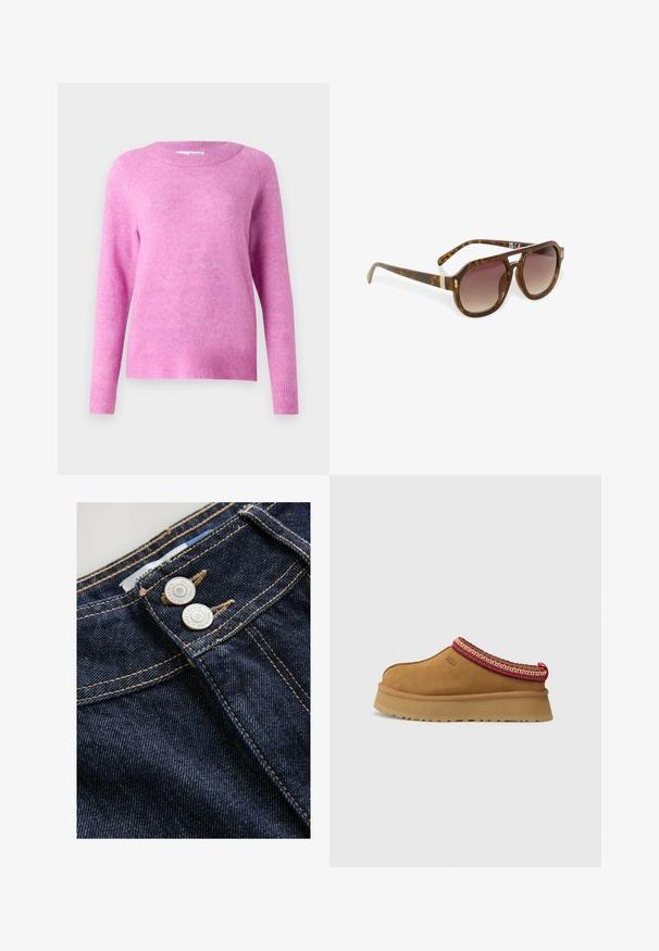 Beige trenčkot kahe rinda nööbiga sulgemisega, vöökoht, õlavarre epauletid ja mansetid. Sile kangastekstuur.; Roosa kampsun, millel on pikad varrukad, ümmargune kaelus ja soonikud mansettides. Pehme tekstuur, veidi karvane välimus ja vabalt langev lõige.; Tumedad sinine denim-püksid näitavad lähedalt vöökoha osa, kus on kaks metallnuppu, kontrastne kuldne õmblus ja tekstureeritud kangapind.; Pruunist seemisest nahast libisemiseks mõeldud kingad, millel on punane ja kreemikas muster äärel, tekstuuriga tallad ja UGG logo külgedel. Omab kerget platvormi kõrgust.; Kilpkonnakuju prillid gradient läätsedega, terava kujuga, kuldsete aksenditega kaartele, omades sujuvat ja läikivat viimistlust.; Pruun nahast ostukott kahe lame käepidemega, ristkülikukujuline, sile tekstuur ja reljeefne logo esiküljel.