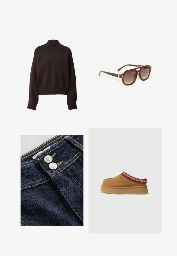 Beige trenchcoat met dubbele rij knopen, ceintuur in de taille, schouderepauletten en manchetbandjes. Gladde stoftextuur.; Donkerbruine trui met een hoge hals, geribbelde boorden en een cropped zoom. Zachte textuur met een ontspannen pasvorm en subtiele schoudernaden.; Donkerblauwe denim jeans hebben een close-up van de tailleband met twee metalen knopen, contrasterende gouden stiksels en een gestructureerde stofoppervlak.; Bruine suède instapschoen met een rood en crèmekleurig patroon aan de rand, een gestructureerde zool en het UGG-logo aan de zijkant. Heeft een lichte platformhoogte.; Schildpad zonnebril met gradient lenzen, hoekige vorm en gouden accenten op de armen, met een elegante, glanzende afwerking.; Bruine leren shopper met twee platte handvatten, rechthoekige vorm, gladde textuur en subtiel geperst logo aan de voorkant.