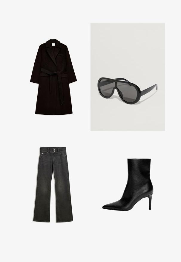 Manteau en laine noir avec une surface texturée, col cranté, manches longues et une ceinture à la taille. Il dispose d'une poche poitrine et d'une silhouette droite.; Pull court gris foncé avec un décolleté en V et des manches longues. Fabriqué en tissu doux et texturé avec un ourlet côtelé. Conception simple.; Jean large en denim noir avec une taille ajustée, présentant des coutures visibles, deux poches avant et des éléments en métal argenté sur les boutons.; Bottine en cuir noir avec un design à bout pointu et un talon stiletto slim de hauteur intermédiaire, texture lisse, sans fermetures visibles.; Lunettes de soleil noires surdimensionnées avec une monture en plastique lisse, des verres sombres et des branches larges, présentant un design enveloppant pour une couverture complète.