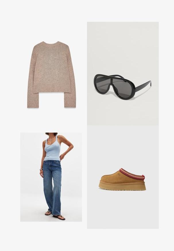 Must musträtik, millel on tekstureeritud pind, klapiga krae, pikad varrukad ja vöö taljes. Omab rinna taskut ja sirget siluetti.; Kerge pruun kootud sviiter ümmarguse kaela ja pikkade varrukatega, millel on soonikkoes mansetid ja lühike äär. Pehme tekstuur ja juhuslik disain.; Heledsinine ribatud tops koos pleekinud siniste laiemate pükstega. Omab õhukesi rihmasid, ümmargust kaelust ja lihtsaid sandaale.; Pruunist seemisest nahast libisemiseks mõeldud kingad, millel on punane ja kreemikas muster äärel, tekstuuriga tallad ja UGG logo külgedel. Omab kerget platvormi kõrgust.; Mustad suuruses mustad päikeseprillid sileda plastraami, tumedate läätsede ja laia tempidega, millel on ümbritseva disainiga, et tagada täielik katvuses.