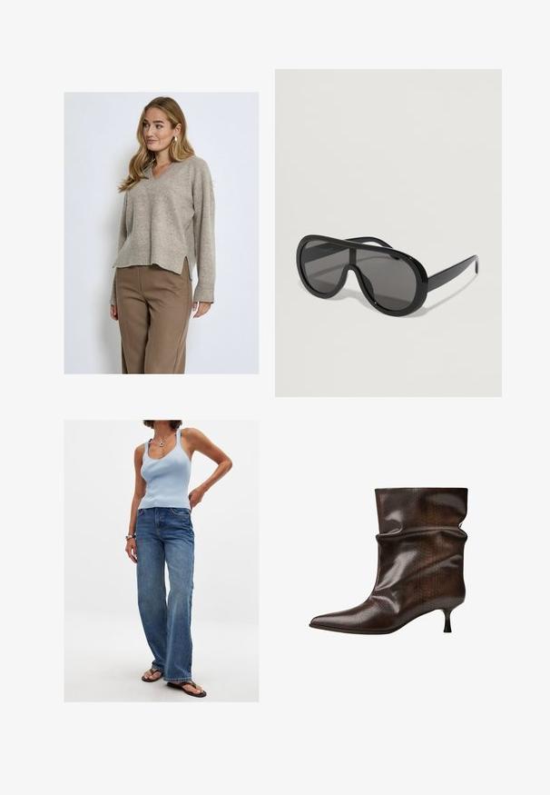Zwart wollen jas met een gestructureerd oppervlak, gesneden kraag, lange mouwen en een riem in de taille. Beschikt over een borstzak en een rechte silhouet.; PEPPERCORN CASEY V-NECK - Trui - m winter twig sand melange; Lichtblauw geribbeld tanktop gecombineerd met vervaagde blauwe wijde jeans. Heeft dunne bandjes, een ronde halslijn en basic teenslippers.; Donkerbruin leren laars tot halverwe terug met een puntige neus, slouchy schacht en slanke lage kittenhiel.; Zwarte oversized zonnebril met een gladde kunststof montuur, donkere lenzen en brede pootjes, met een wraparound ontwerp voor volledige dekking.
