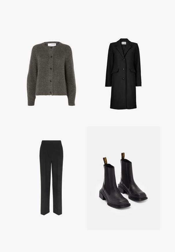 Cămașă neagră cu rever ascuțit, design cu un singur rând de nasturi, trei nasturi și două buzunare frontale. Fabricată dintr-un material texturat.; Cardigan de culoare gri cărbune, realizat dintr-un material moale, cu guler rotund, mâneci lungi și cinci butoane pentru închidere pe față.; Tricou gri cu mânecă scurtă, fabricat dintr-un amestec de bumbac moale. Are gât rotund și manșete răsucite. Design simplu, cu tăietură dreaptă.; Pantaloni negri cu un design drept, având o talie simplă și fără buzunare vizibile, expuși pe un fundal alb.; Cizme negre până la gleznă, din piele netedă, cu panouri laterale elastice, vârf pătrat și toc masiv. Include taburi de prindere cu marcaj galben.