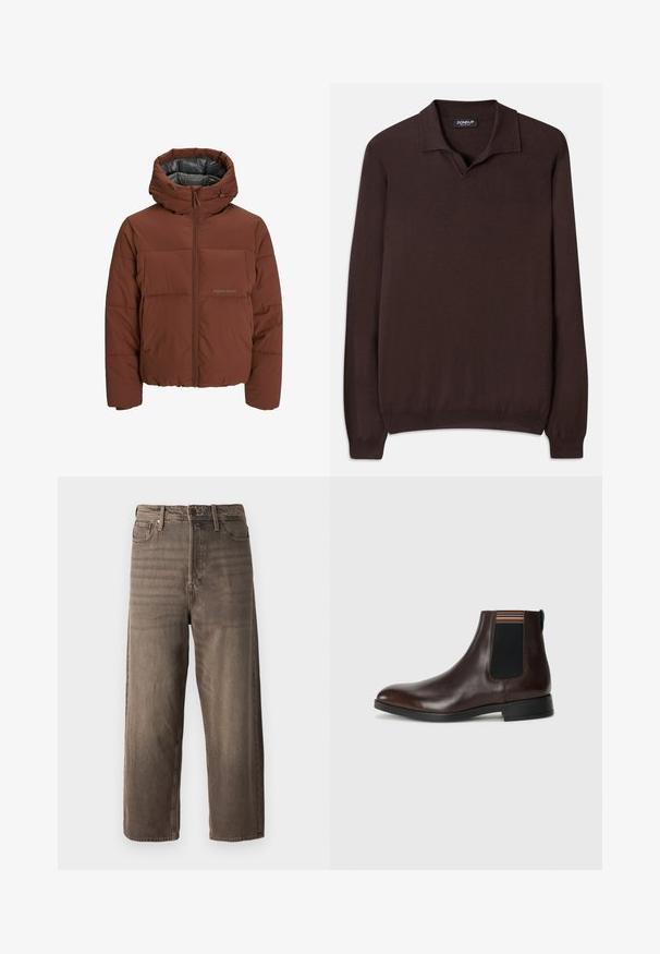 Ruskea puff jacket hupulla, jossa on vetoketjulukko edessä, tikattu muotoilu ja sileä sisävuori. Korostettu hienovaraisella brändäyksellä.; Dondup REGULAR FIT SHIRT - Neule - cioccolato; Ruske leve hlače iz denima. Imajo zadrgo, obrobo za pas in pet žepov. Tkanina ima zbledel, teksturiran videz.; Ruskea nahkainen Chelsea-saapas, jossa on sileä pinta, elastaanista valmistetut sivupaneelit ja monivärinen raidallinen yksityiskohta ylhäällä. Pyöristetty kärki ja musta pohja.