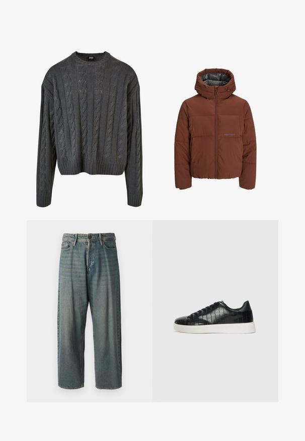 Brūna pūkaina jaka ar kapuci, ar rāvējslēdzēju priekšā, ar quilted dizainu un gludu iekšējo oderi. Ar izteiktu un smalku zīmola akcentu.; Tumšā pelēkā krāsā adīta džemperis ar apaļu kakla izgriezumu, pazeminātiem pleciem un ribinātu apakšmalu. Iezīmējas ar teksturētām rakstām visā apģērba virsmā.; Gaiši zili džinsi ar brīvu piegriezumu, vidējo jostas augstumu un taisnām kājām. Satur piecas kabatas, jostas cilpas un pogu aizdari.; Melni sporta apavi ar teksturētu krokodila raksta ādas augšdaļu, noapaļotu pirkstu daļu un kontrastējošu baltu gumijas zoli ar gludu virsmu.