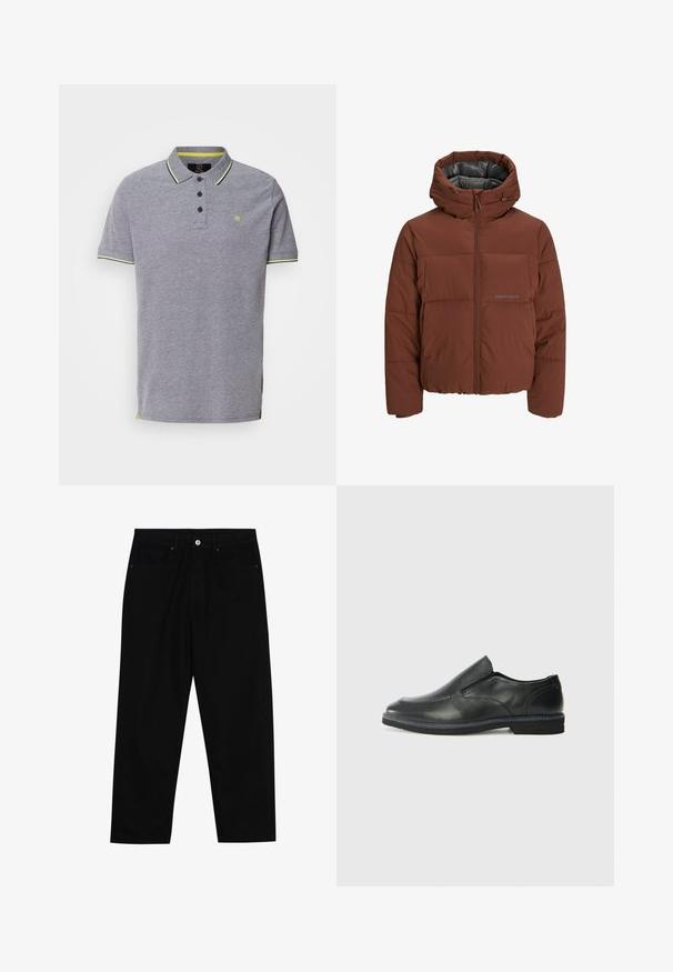Pruun puffjakker koos kapuutsiga, millel on tõmbluku esine sulgemine, tikandiga disain ja sile sisekate. Kaunistatud diskreetse brändingu detailiga.; Hallakas polo särk, millel on tekstuuriga kangas, kolme nupuga kaelus ja kontrastsed kollased aktsendid kaeluses ja küljeäärtes.; Mustadest denimist püksid, millel on sirge jalg, viie tasku disain ja eesnupuga sulgur. Sile tekstuur koos minimaalsete õmblustega.; Must musta laia suuga king, millel on sile ülemine osa, õmmeldud detailid, ümmargune nina ja madal kummist konts. Tallal on minimaalne mustr.