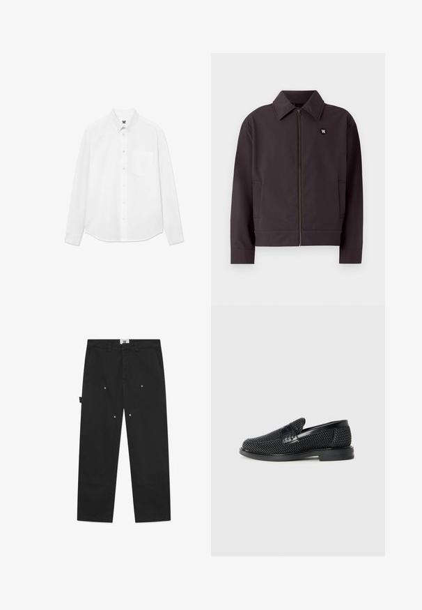 Jachetă bomber gri închis cu fermoar frontal, guler ascuțit și buzunare laterale. Prezentă un logo circular negru pe piept. Textură de material neted.; Cămașă albă cu mânecă lungă, cu guler, buzunar frontal și textură subtilă. Placa frontală are nasturi și un detaliu mic cu logo.; Pantalonii negri din bumbac au o croială dreaptă, cusături vizibile, buzunare laterale și detalii cu clips metalice pe panourile din față.; Pantofii negri din material textil, cu accent din piele netedă pe partea superioară, design cu vârf rotund și talpă din cauciuc de profil redus.