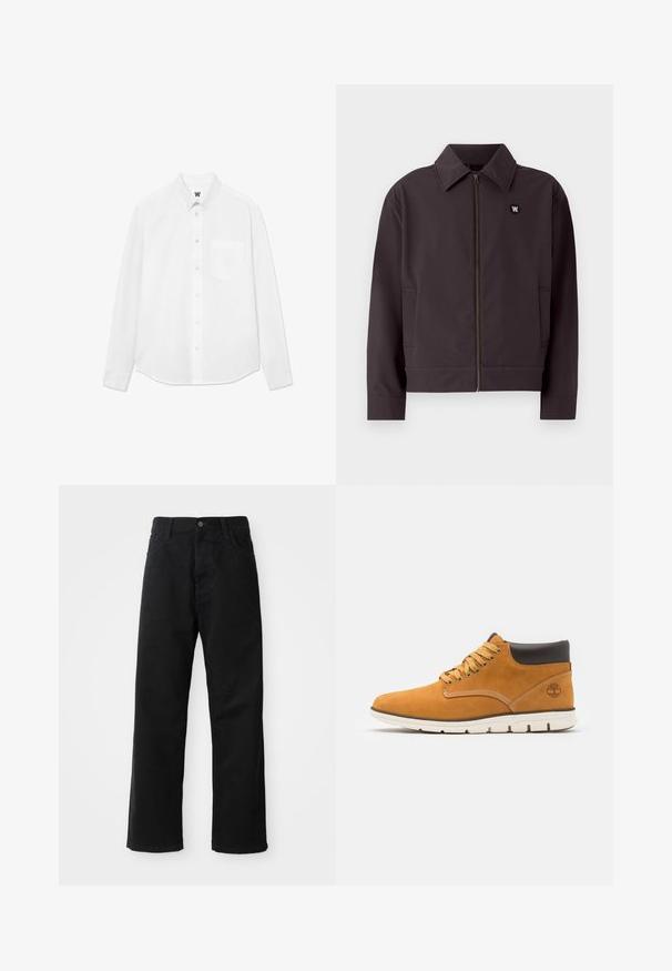 Mørkegrå bomberjakke med glidelås foran, spiss krage og sidelommer. Har et sirkulært svart logo på brystet. Glatt stoffstruktur.; Hvit skjorte med lange ermer og knappestolpe, har krage, brystlomme og subtil tekstur. Fronten har knapper og en liten logo-detalj.; Svart denimbukser med rett snitt, med frontlommer, glidelåsgylf og en enkelt knapp i toppen. Teksturert stoff med matt overflate.; Brune suède ankelstøvler med polstret krave, der har gyldne øskner og snørebånd, kontraststing og en hvid gummisål.
