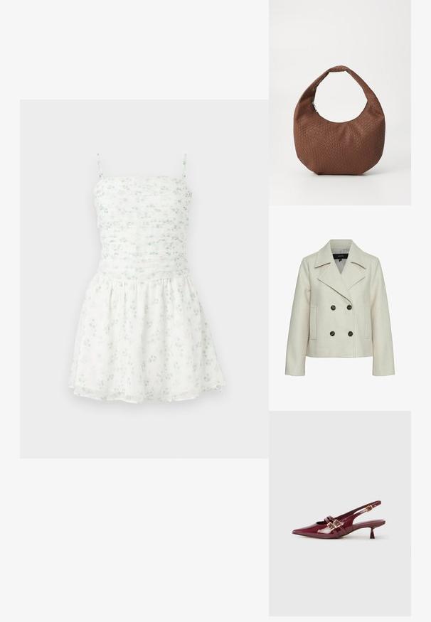 Beige divkāršais žakets ar ieliektu apkakli, izgatavots no mīksta auduma, ar divām sānu kabatām un tumšiem pogām kā akcentiem.; Balta ziedu kleita ar zaļiem akcentiem, ar smockētu krūšdaļu, plānām lencēm un plandošu svārku. Viegls, gaisīgs audums ar smalku rakstu.; Bordo laku siekalu kurpes ar smailu purnu, divām plakanām siksnām ar zelta sprādzēm un mazu papēdi.; Brūna austā rokassoma ar noapaļotu formu, kurai ir viena polsterēta rokturis un teksturēta virsma. Nav redzamu aparatūras vai akcentu.