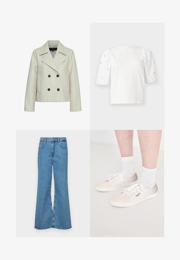 Bež jakna s dvostrukim trombama i reverom, izrađena od mekanog materijala, s dva bočna džepa i tamnim dugmadima kao detaljima.; Bijela pamučna majica s kratkim puf rukavima, s malim srebrnim ukrasima duž rukava. Klasičan okrugli izrez, opušteni kroj.; Svijetloplave traperice s flared nogavicama, visokog struka, s pet džepova i jednim dugmetom za zatvaranje. Mekani materijal s izblijedjelim izgledom.; Svijetlosmeđi platnene teniske cipele s bijelim vezicama, s ružičastim i bež naglascima, bijelim gumene potplate i logotipom sa strane.