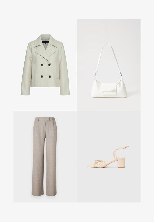 Beige dubbelzijdig jasje met een gekartelde revers, gemaakt van zachte stof, met twee zijzakken en donkere knopen als accenten.; Beige geribde tanktop met een vierkante halslijn en dunne schouderbandjes, met een aansluitend ontwerp en zachte textuur. Merklabel zichtbaar.; Beige op maat gemaakte broeken van een gestructureerde stof, met een recht model en voorplooien. Geen zichtbare hardware of patronen.; Beige sandaal met hakken, met een vierkante neus, gedraaide voorkant, enkelband en blokhak. Gladde textuur, minimalistische stijl.; Witte synthetische handtas met een driehoekige vorm, platte voorklep en strikdetail, verstelbare schouderriem, gladde textuur en minimalistisch ontwerp.
