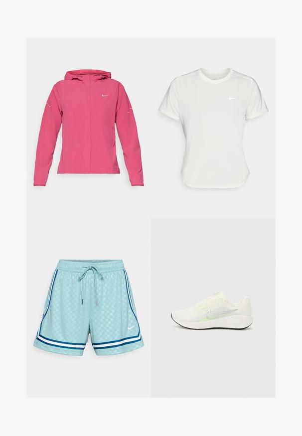 Rózsaszín Nike dzseki, elülső cipzárral, kapucnival, hosszú ujjakon rugalmas mandzsettával és reflektáló részletekkel az ujjain. Sima szövettextúra.; Fehér Nike póló, rövid ujjú, kerek nyakú, sima, könnyű anyagból készült. Diszkrét logóval rendelkezik a mellkason.; Világoskék rövidnadrág texturált rácsos mintával, elasztikus derékpánttal, állítható zsinórral és kék-fehér oldalcsíkokkal. Nike logó az elején.; Nike Performance DOWNSHIFTER 13 - Utcai futócipők - sail/silver-coloured photon dust/summit white/barely volt/black