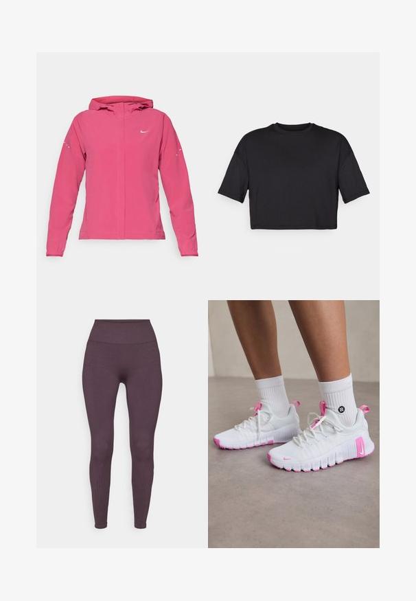 Pink Nike jacket featuring a zip front, hood, long sleeves with elastic cuffs, and reflective accents on the sleeves. Smooth fabric texture.; Black cropped t-shirt made of soft fabric, featuring a round neckline and short, wide sleeves, with a simple, seamless design.; Fabletics SEAMLESS HIGH WAISTED LEGGING - Leggings - deep plum; White athletic shoes with pink accents, streamlined design, textured mesh upper, and a flexible rubber sole. Features logo and pull tab.