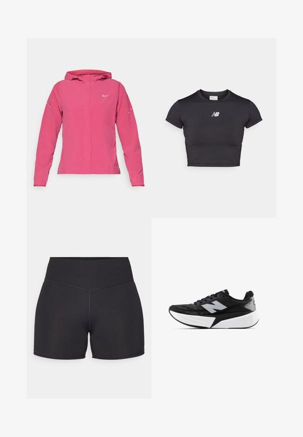 Chaqueta Nike rosa con cremallera en el frente, capucha, mangas largas con puños elásticos y detalles reflectantes en las mangas. Textura de tela suave.; Camiseta deportiva negra recortada con mangas cortas, hecha de tela elástica. Presenta un logo blanco en el frente, escote redondeado y un diseño ajustado.; Pantalones cortos deportivos negros con una cinturilla alta, confeccionados con material elástico. Cuentan con costuras planas y una textura suave para mayor comodidad.; Zapatilla de running New Balance en blanco y negro con suela gruesa, parte superior de malla y logo "N" en el lateral, vista desde el lado exterior.