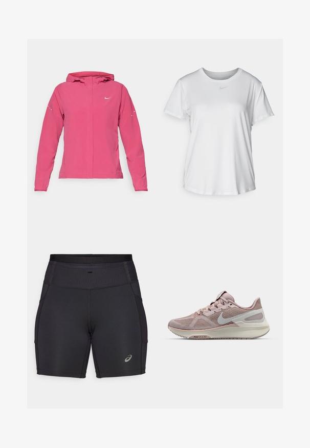 Giacca Nike rosa con zip frontale, cappuccio, maniche lunghe con polsini elastici e dettagli riflettenti sulle maniche. Tessuto dalla superficie liscia.; T-shirt bianco a maniche corte realizzato in tessuto liscio, con scollatura tonda e un piccolo logo grigio Nike sul petto.; Shorts sportivi neri realizzati in tessuto elasticizzato. Presentano una vita alta a coste e tasche laterali. Inclusa una accentuazione riflettente del logo.; Scarpa da corsa Nike con tomaia in rete di colore rosa chiaro e grigio, dotata di suola ammortizzata e design della punta arrotondata. Logo Swoosh accentato.